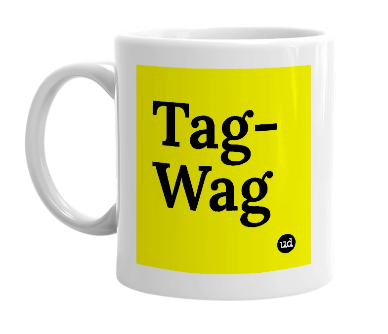 White mug with 'Tag-Wag' in bold black letters