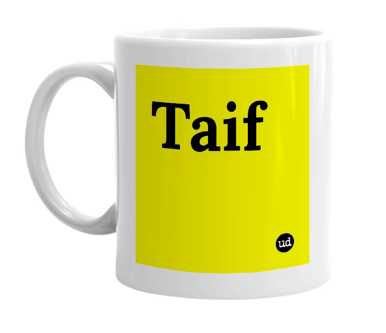 White mug with 'Taif' in bold black letters