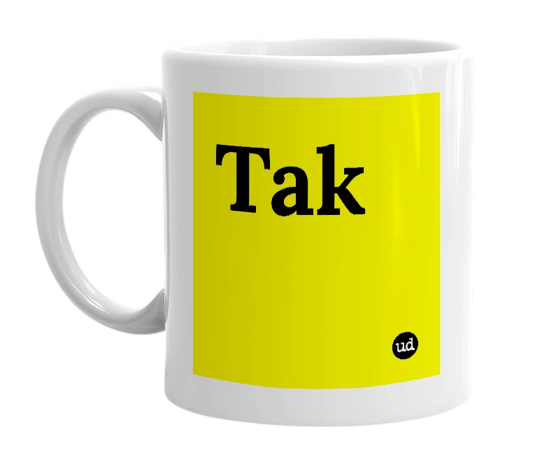 White mug with 'Tak' in bold black letters