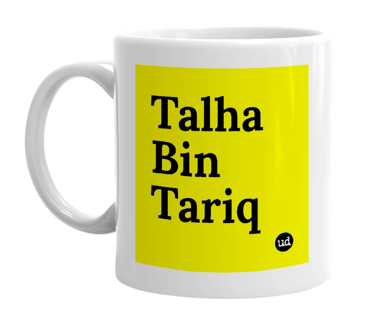 White mug with 'Talha Bin Tariq' in bold black letters