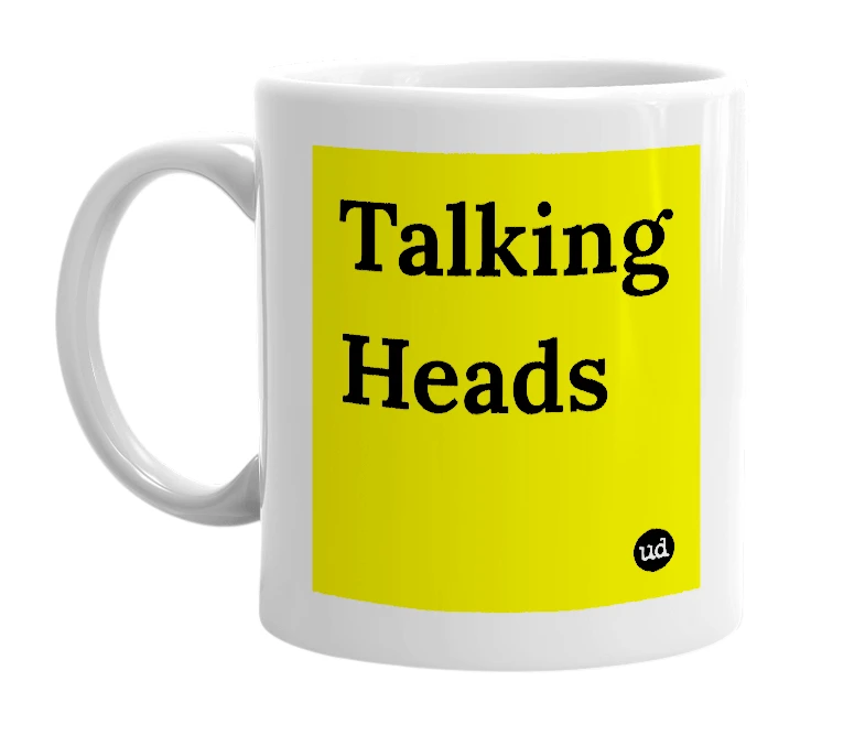 White mug with 'Talking Heads' in bold black letters