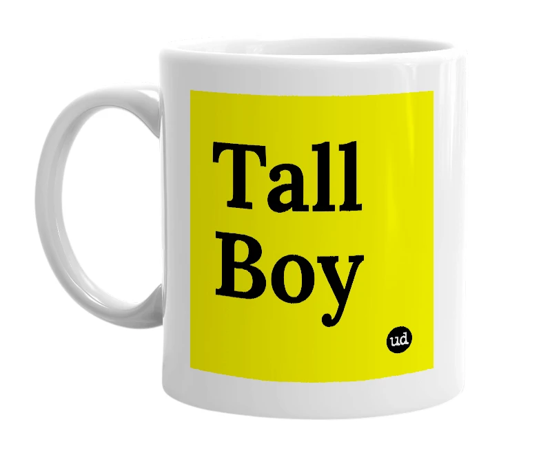 White mug with 'Tall Boy' in bold black letters