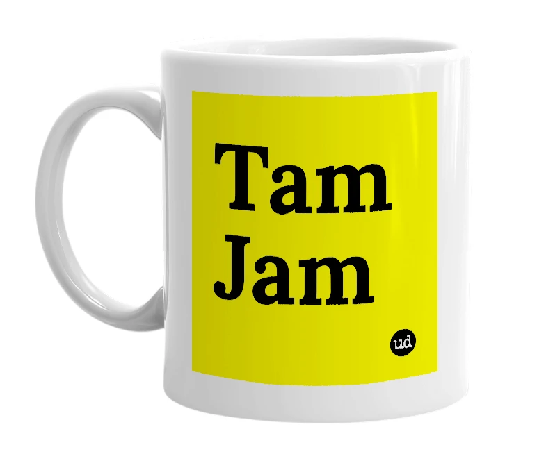White mug with 'Tam Jam' in bold black letters