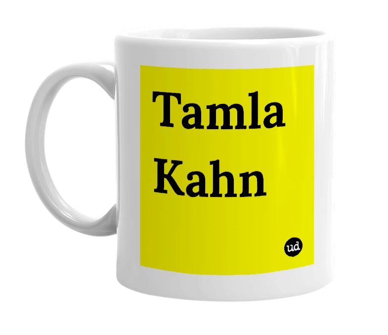 White mug with 'Tamla Kahn' in bold black letters