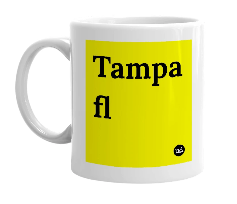 White mug with 'Tampa fl' in bold black letters