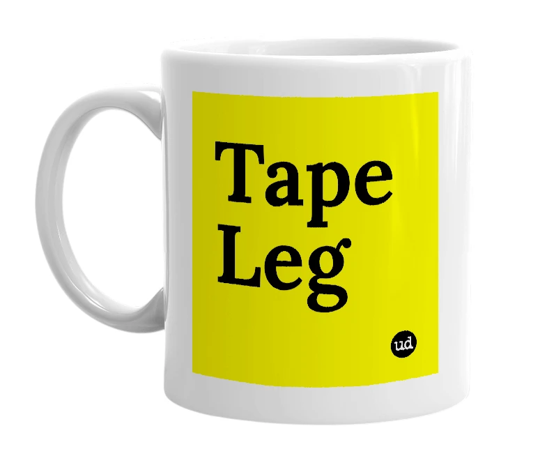 White mug with 'Tape Leg' in bold black letters