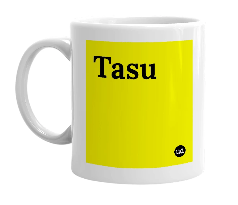 White mug with 'Tasu' in bold black letters