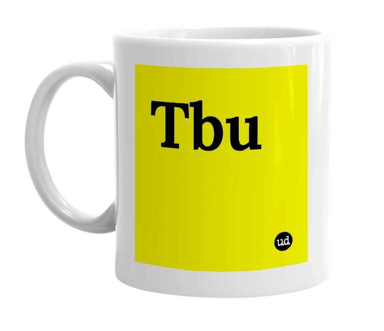 White mug with 'Tbu' in bold black letters