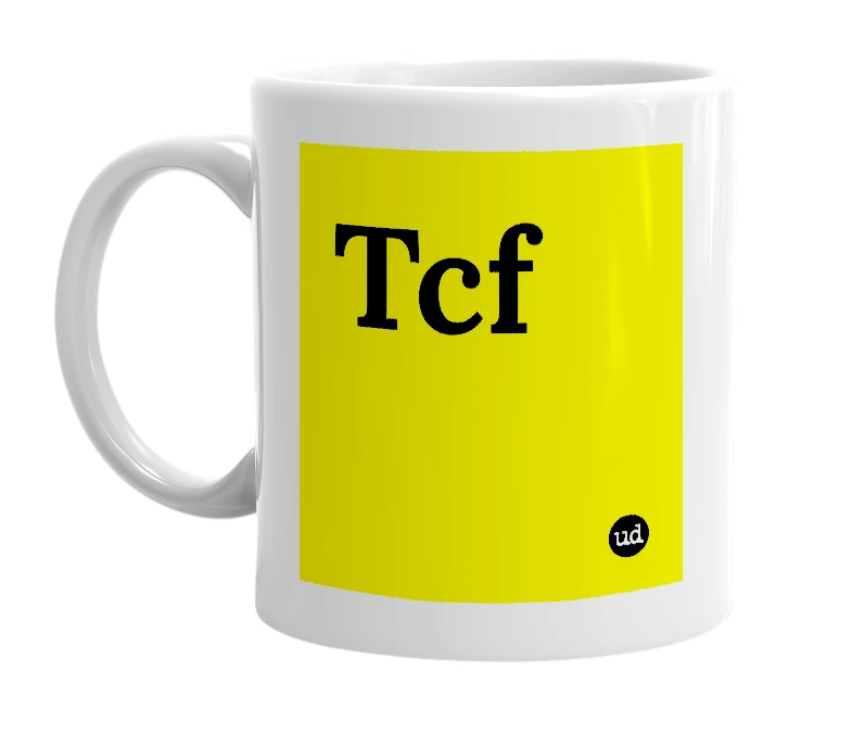 White mug with 'Tcf' in bold black letters