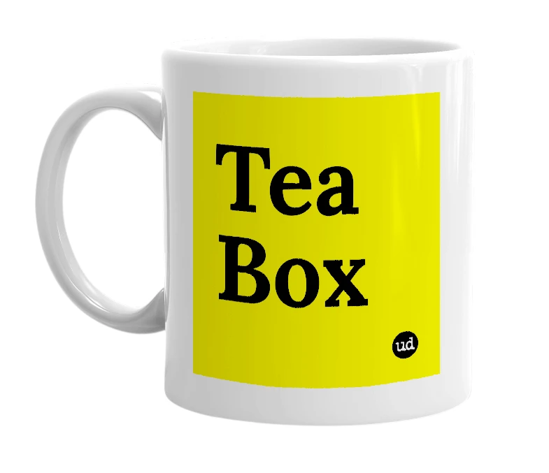 White mug with 'Tea Box' in bold black letters