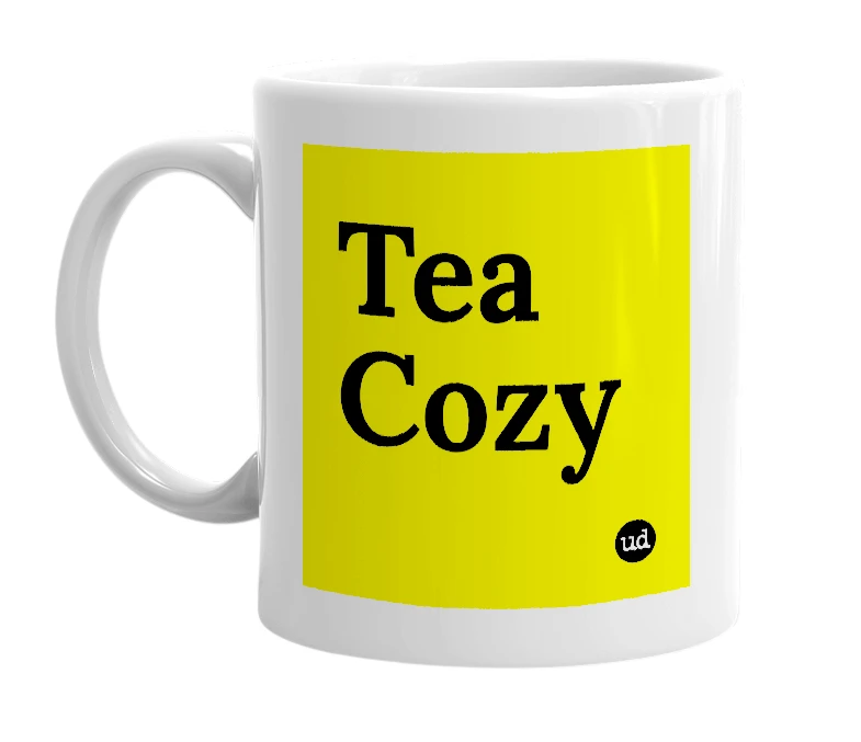White mug with 'Tea Cozy' in bold black letters