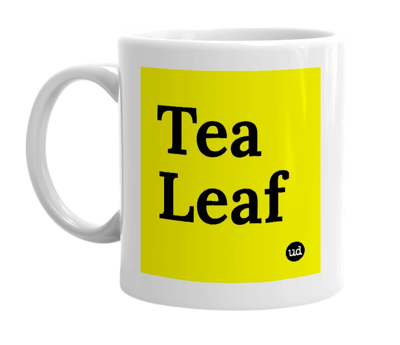White mug with 'Tea Leaf' in bold black letters