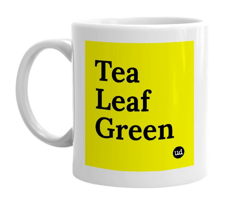 White mug with 'Tea Leaf Green' in bold black letters