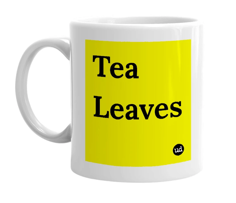 White mug with 'Tea Leaves' in bold black letters