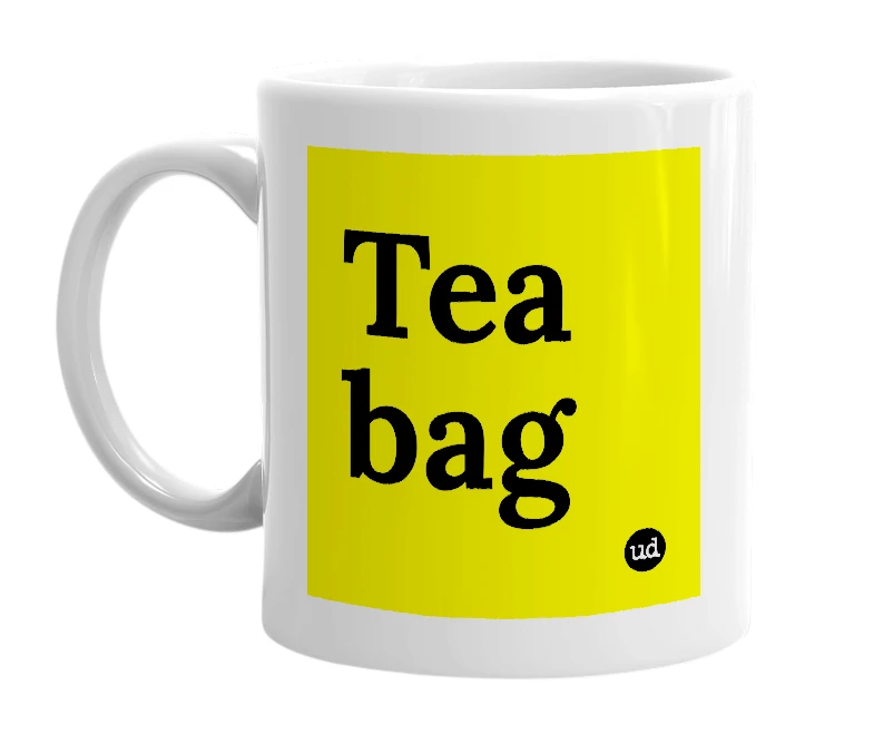 White mug with 'Tea bag' in bold black letters