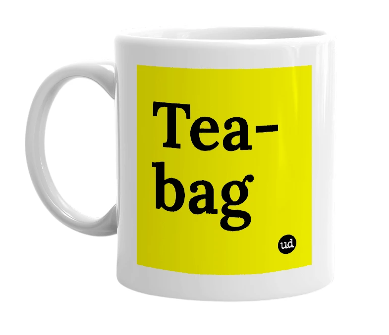 White mug with 'Tea-bag' in bold black letters