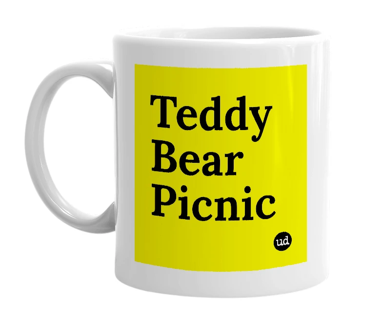 White mug with 'Teddy Bear Picnic' in bold black letters