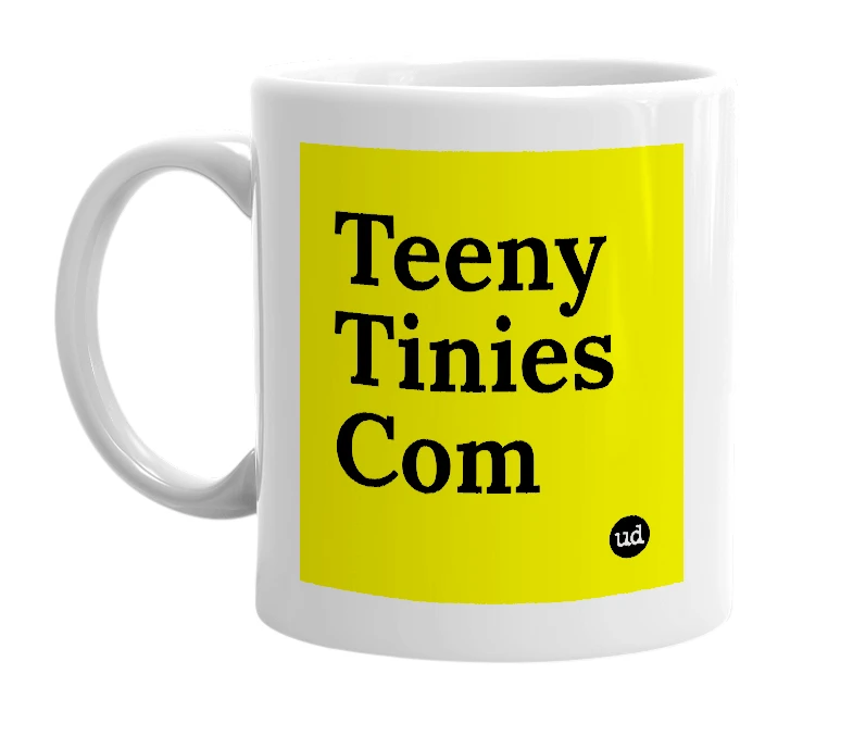 White mug with 'Teeny Tinies Com' in bold black letters