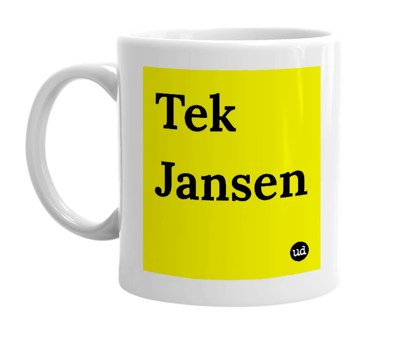 White mug with 'Tek Jansen' in bold black letters