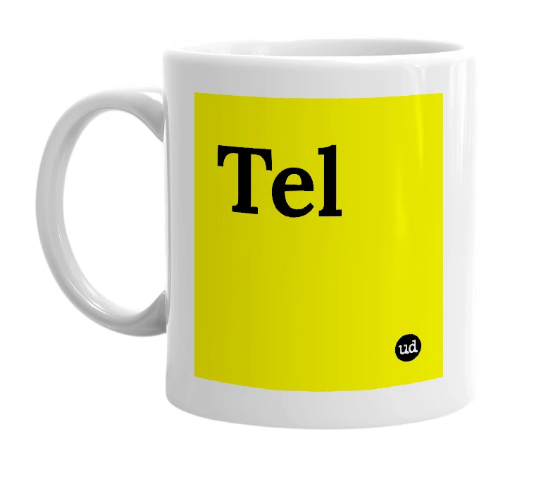 White mug with 'Tel' in bold black letters