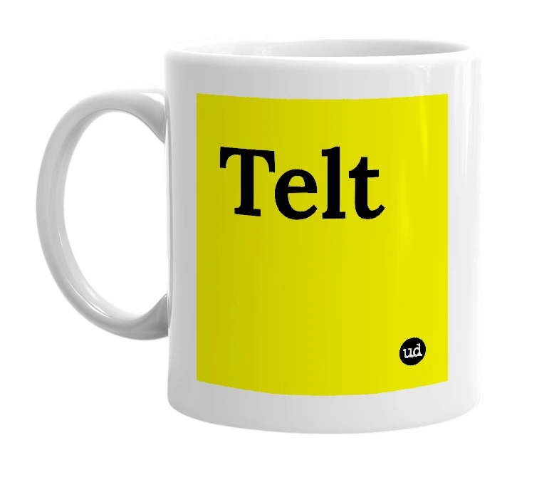 White mug with 'Telt' in bold black letters