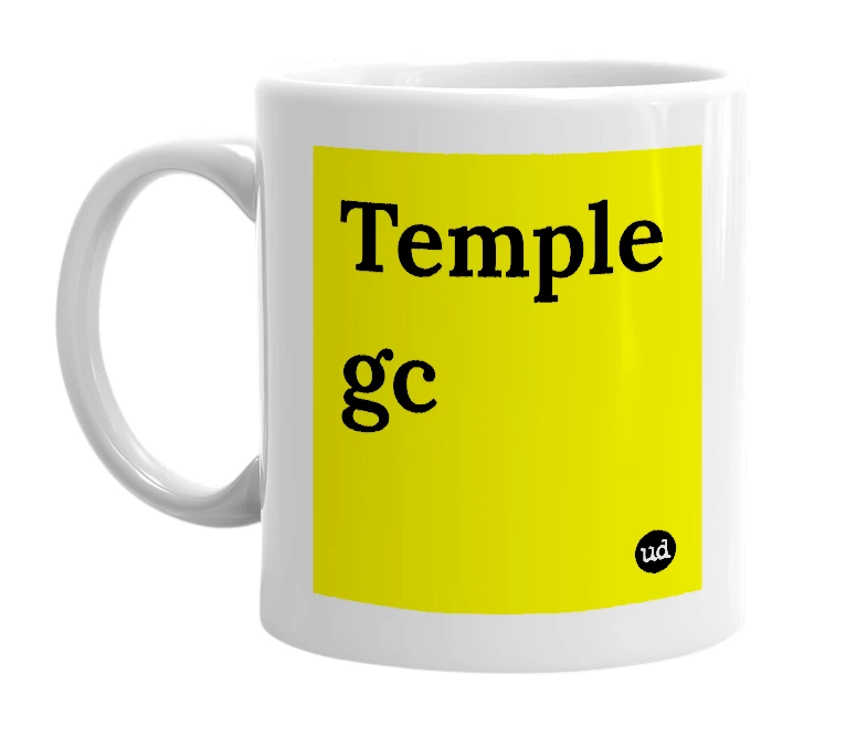 White mug with 'Temple gc' in bold black letters