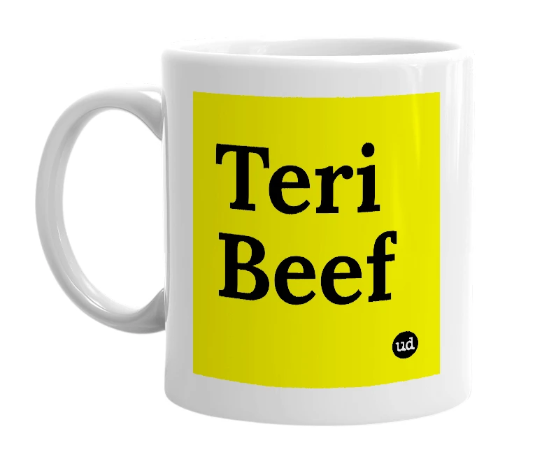 White mug with 'Teri Beef' in bold black letters