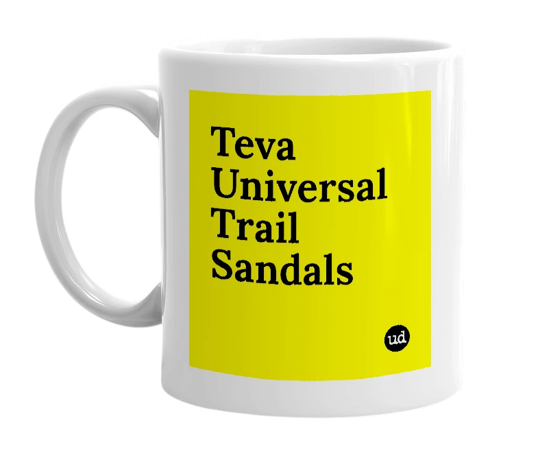 White mug with 'Teva Universal Trail Sandals' in bold black letters