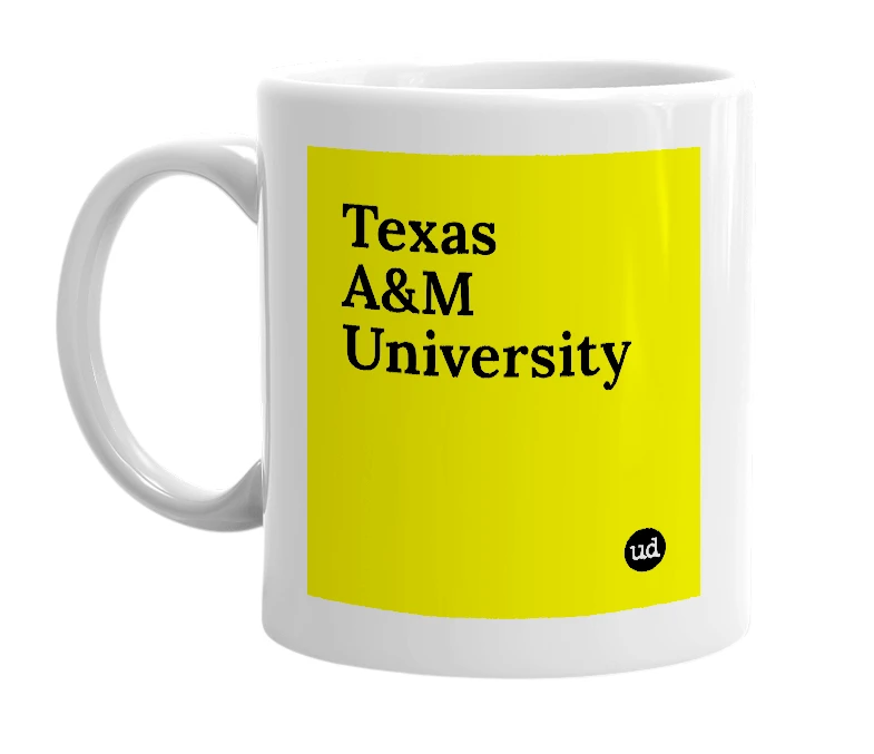 White mug with 'Texas A&M University' in bold black letters