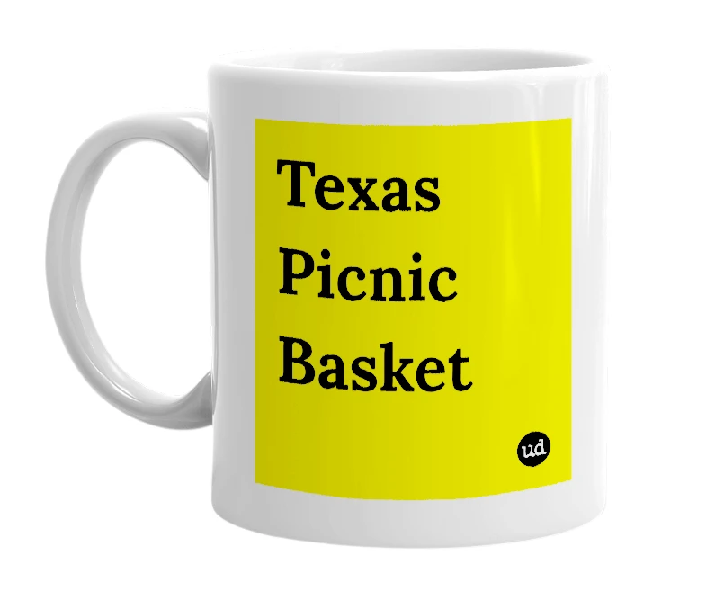 White mug with 'Texas Picnic Basket' in bold black letters