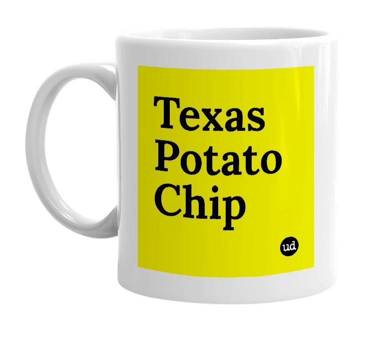 White mug with 'Texas Potato Chip' in bold black letters