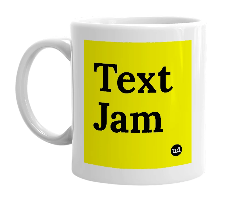 White mug with 'Text Jam' in bold black letters