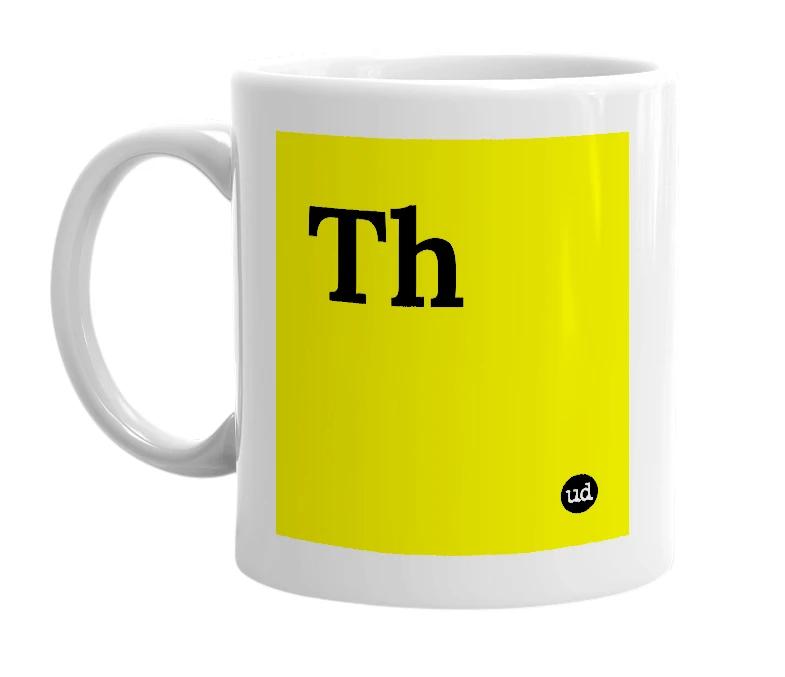 White mug with 'Th' in bold black letters