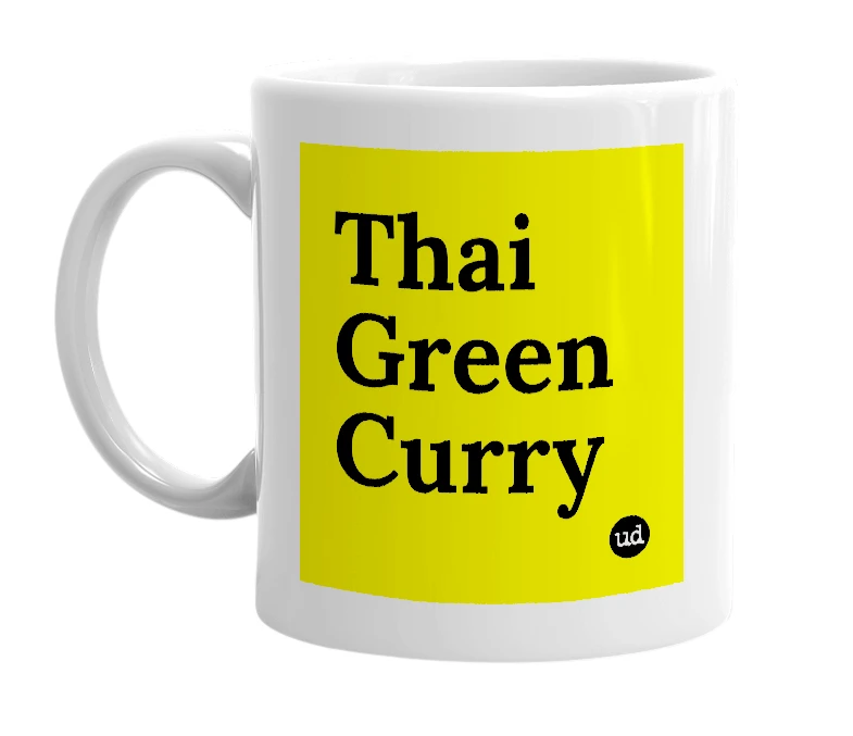 White mug with 'Thai Green Curry' in bold black letters