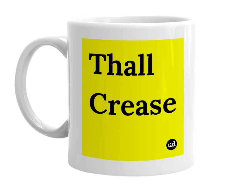 White mug with 'Thall Crease' in bold black letters