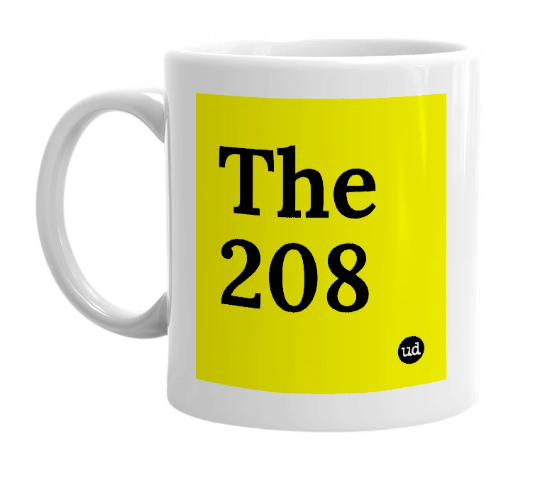 White mug with 'The 208' in bold black letters