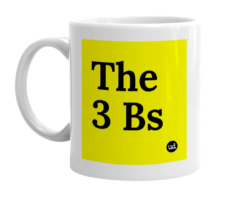 White mug with 'The 3 Bs' in bold black letters