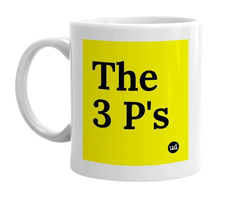 White mug with 'The 3 P's' in bold black letters