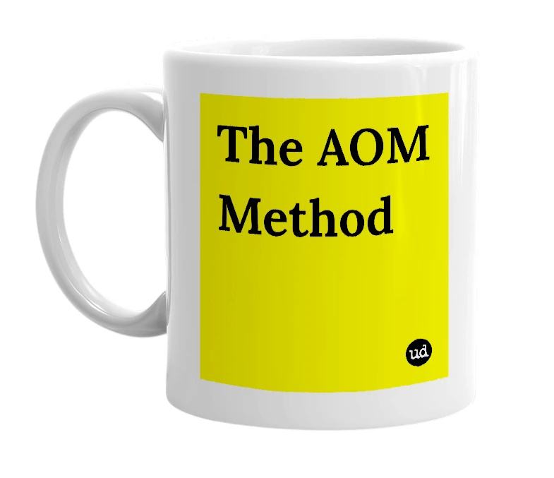 White mug with 'The AOM Method' in bold black letters