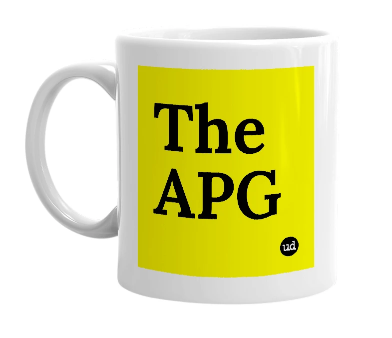 White mug with 'The APG' in bold black letters