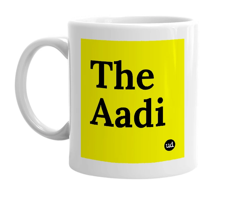White mug with 'The Aadi' in bold black letters