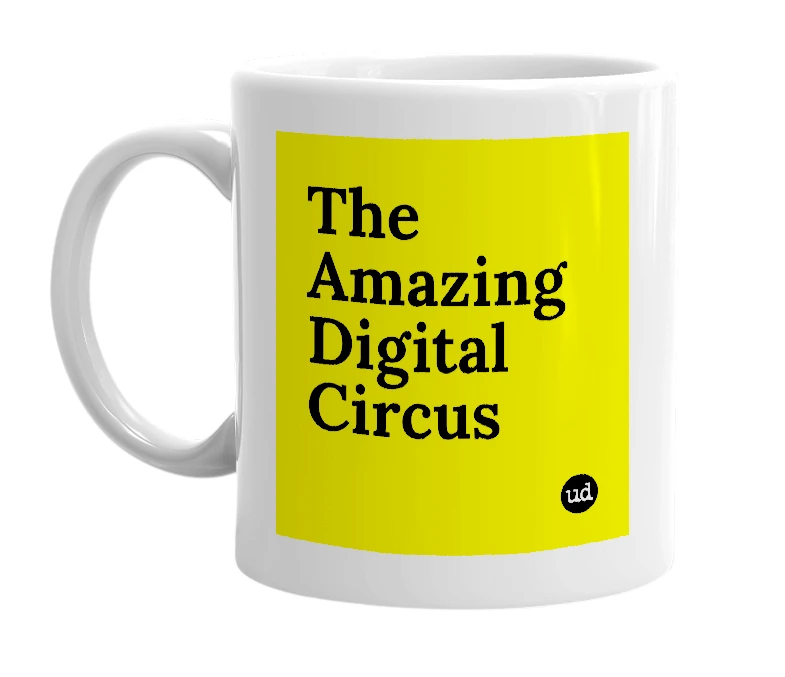 White mug with 'The Amazing Digital Circus' in bold black letters