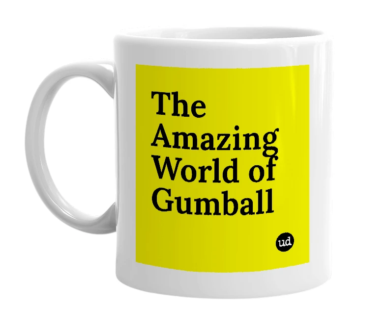 White mug with 'The Amazing World of Gumball' in bold black letters