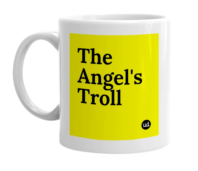 White mug with 'The Angel's Troll' in bold black letters