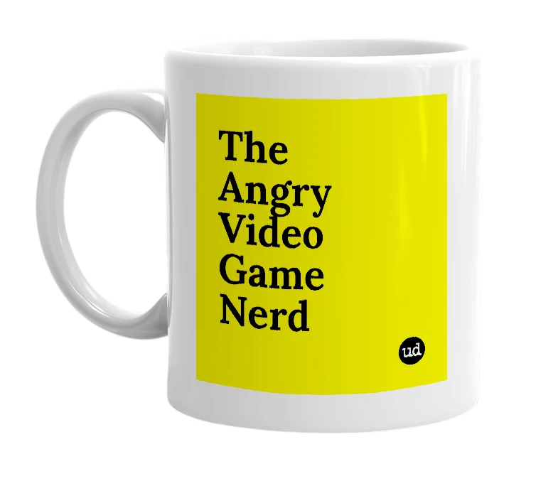 White mug with 'The Angry Video Game Nerd' in bold black letters