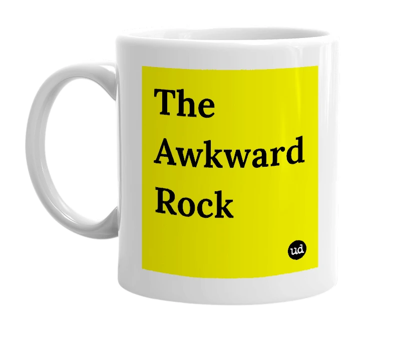 White mug with 'The Awkward Rock' in bold black letters