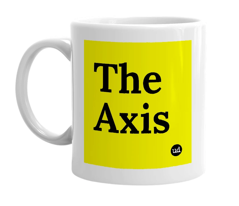 White mug with 'The Axis' in bold black letters