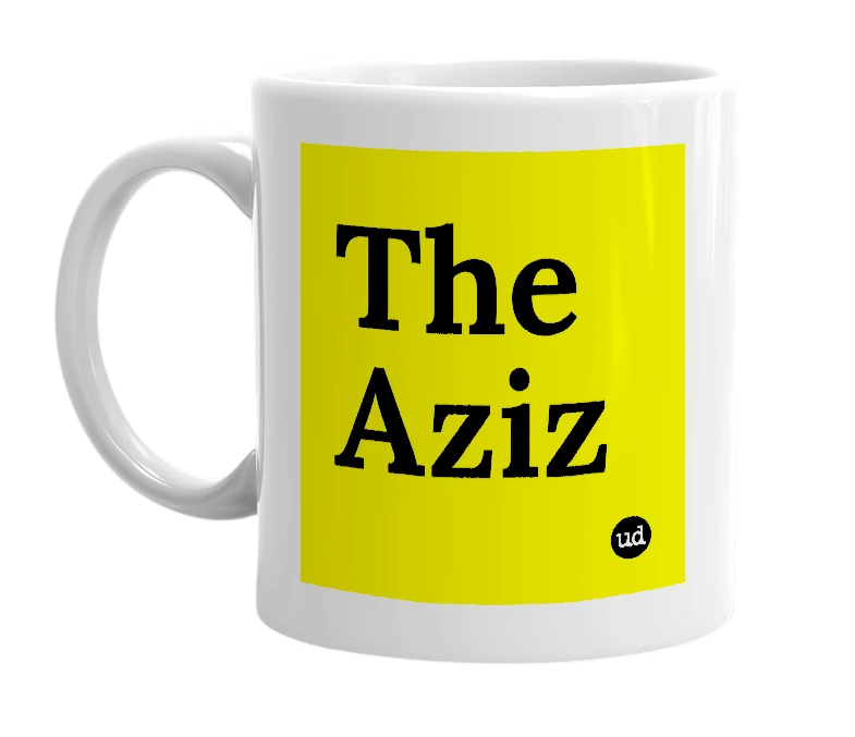 White mug with 'The Aziz' in bold black letters