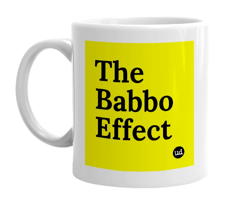 White mug with 'The Babbo Effect' in bold black letters