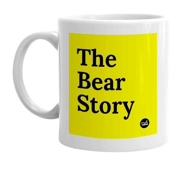 White mug with 'The Bear Story' in bold black letters